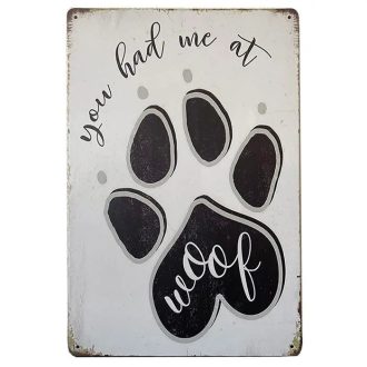   Vintage Dekor Fémtábla, 'You Had Me at Woof' felirat, retro hangulatú kialakítás, 20x30cm