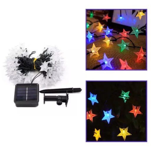 Napelemes karácsonyi fényfüzér csillag alakú színes LED izzókkal – 30 LED, 7 méter, kültéri használatra