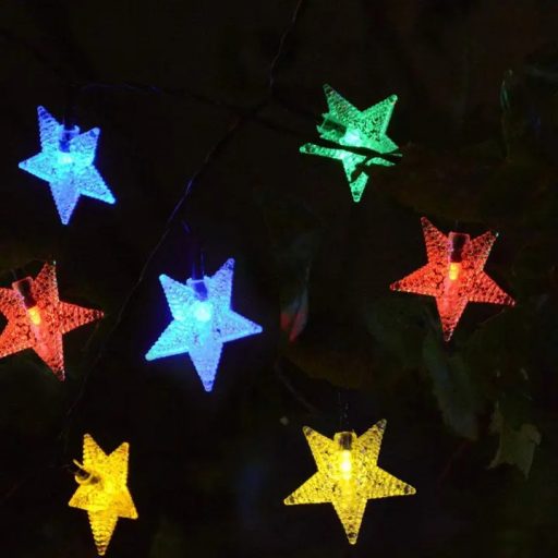 Napelemes karácsonyi fényfüzér csillag alakú színes LED izzókkal – 30 LED, 7 méter, kültéri használatra