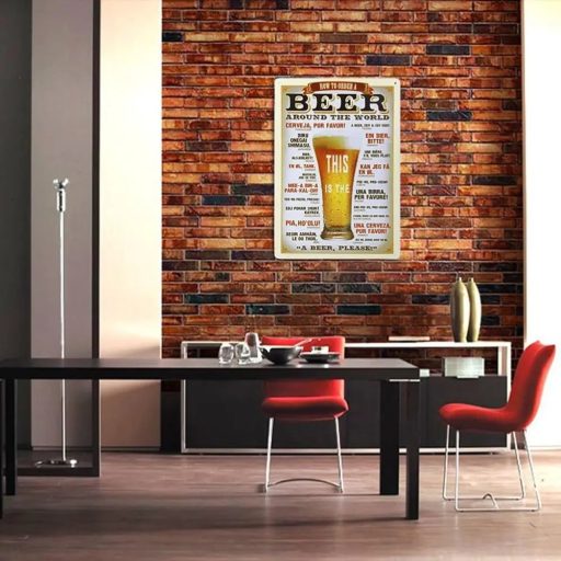 Vintage Dekor Fémtábla, dombornyomott 'BEER' felirat, retro hangulatú kialakítás, egy korsó sör rendelése 21 nyelven, 20x30cm