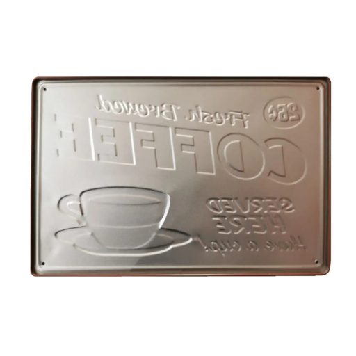 Vintage Dekor Fémtábla, dombornyomott 'COFFEE' felirat, retro hangulatú kialakítás, 30x20cm, kékes-zöld háttér