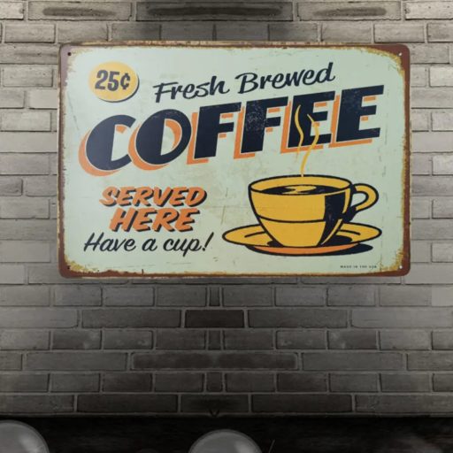 Vintage Dekor Fémtábla, dombornyomott 'COFFEE' felirat, retro hangulatú kialakítás, 30x20cm, kékes-zöld háttér
