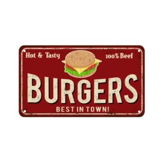   Vintage Dekor Fémtábla, dombornyomott, 'BURGERS BEST IN TOWN!' felirat, retro hangulatú kialakítás, 30x20cm