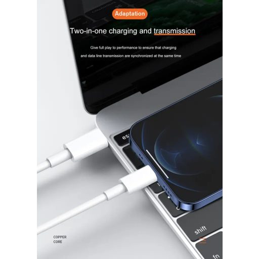 Prémium Adat- és Töltőkábel, Lightning/USB-C csatlakozó, 27W gyorstöltés, 1 méter, fehér színben