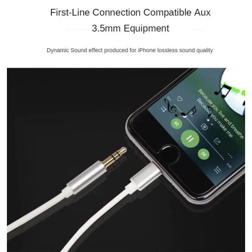 AUX átalakító kábel Lightning-ról 3,5mm jack-re, 1 méter, ezüst-fehér