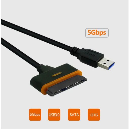 SATA-USB 3.0 adapter kábel, 2.5/3.5" SSD vagy HDD meghajtókhoz, Plug and Play, fekete