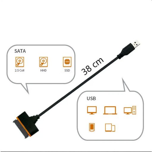 SATA-USB 3.0 adapter kábel, 2.5/3.5" SSD vagy HDD meghajtókhoz, Plug and Play, fekete