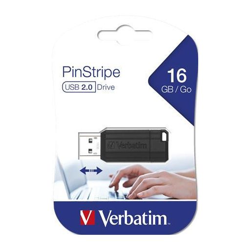 Pendrive, 16GB, USB 2.0, 10/4MB/sec, VERBATIM "PinStripe", fekete